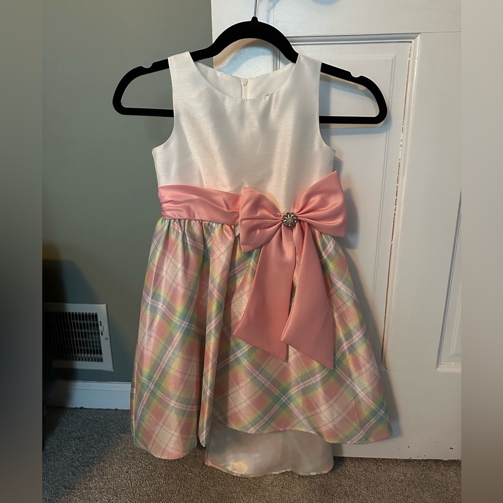Rare Editions White Bodice Pink Sash Plaid Pastel Skirt Dress